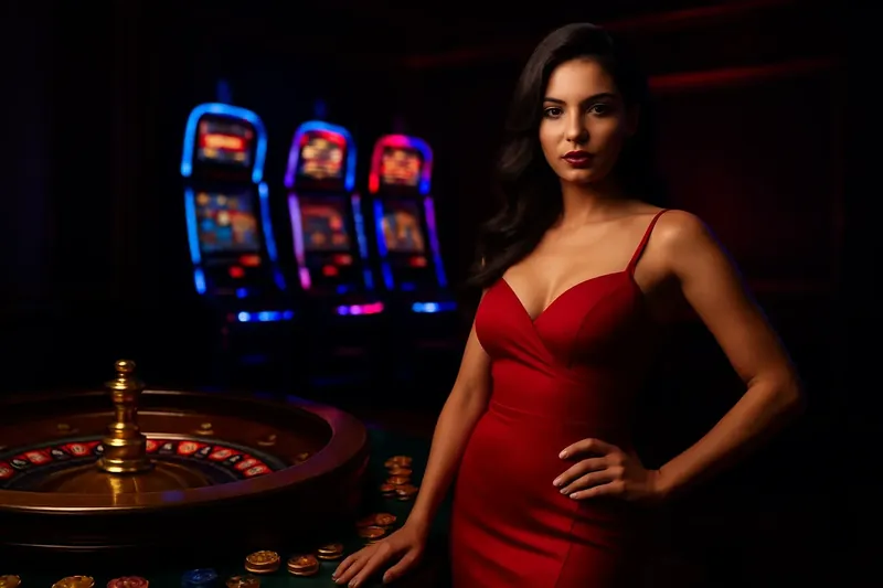 Elegant woman in red dress posing near roulette and slot machines in luxury Bangladeshi casino with neon lights and gold coins