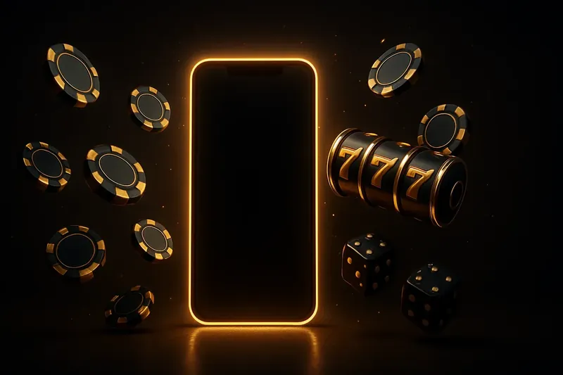 Glowing smartphone surrounded by casino chips, slot reels, and dice on a dark luxurious background
